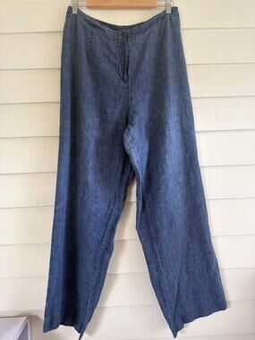 Vintage 90s Jones New York 100% Linen Pants High Rise Wide Leg Chambray Blue M